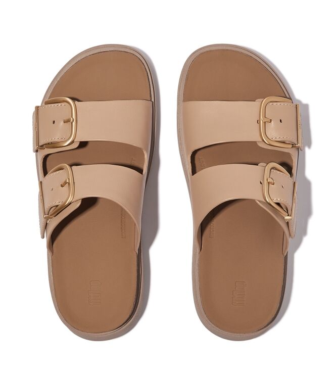 FitFlop gen-ff buckle two-bar leather slides classic beige Direct leverbaar uit de webshop van www.meijerink-schoenen.nl/