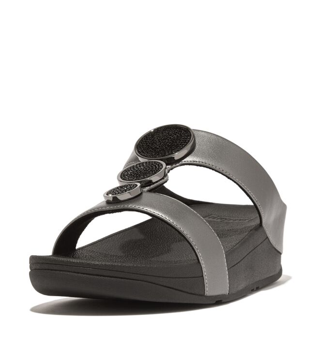 FitFlop halo bead-circle metallic h-bar slides pewter black Direct leverbaar uit de webshop van www.meijerink-schoenen.nl/