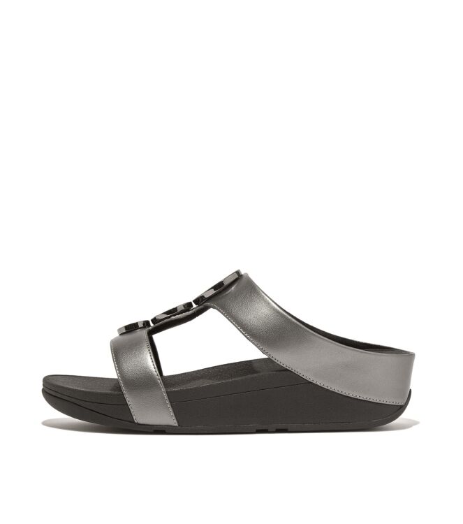 FitFlop halo bead-circle metallic h-bar slides pewter black Direct leverbaar uit de webshop van www.meijerink-schoenen.nl/
