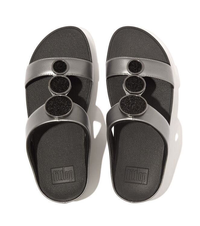 FitFlop halo bead-circle metallic h-bar slides pewter black Direct leverbaar uit de webshop van www.meijerink-schoenen.nl/