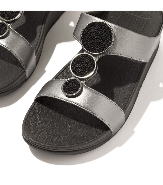 FitFlop halo bead-circle metallic h-bar slides pewter black Direct leverbaar uit de webshop van www.meijerink-schoenen.nl/