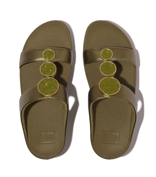 FitFlop halo bead-circle metallic h-bar slides metallic camo-green Direct leverbaar uit de webshop van www.meijerink-schoenen.nl/