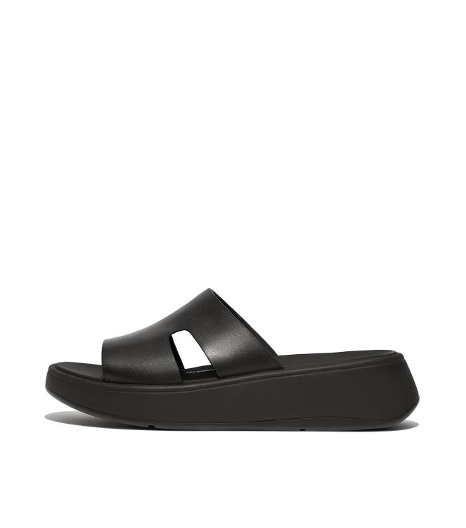 FitFlop f-mode raw-edge leather flatform h-bar slides black Direct leverbaar uit de webshop van www.meijerink-schoenen.nl/