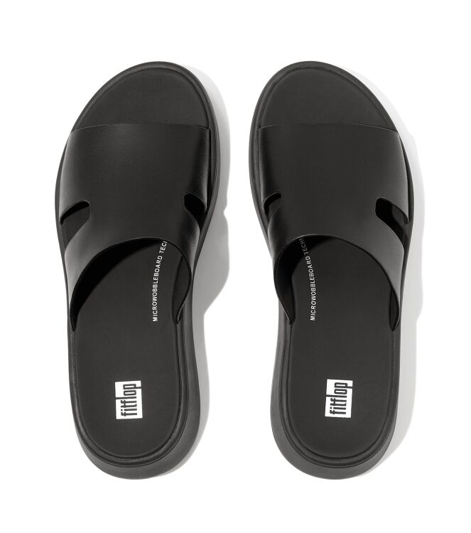 FitFlop f-mode raw-edge leather flatform h-bar slides black Direct leverbaar uit de webshop van www.meijerink-schoenen.nl/