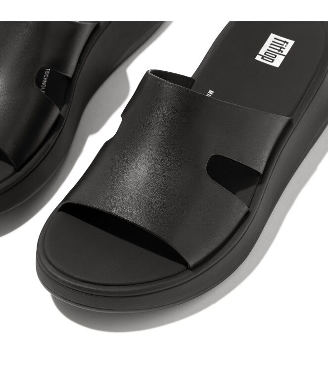 FitFlop f-mode raw-edge leather flatform h-bar slides black Direct leverbaar uit de webshop van www.meijerink-schoenen.nl/