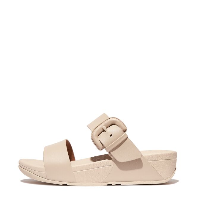 FitFlop lulu covered-buckle raw-edge leather slides stone beige Direct leverbaar uit de webshop van www.meijerink-schoenen.nl/