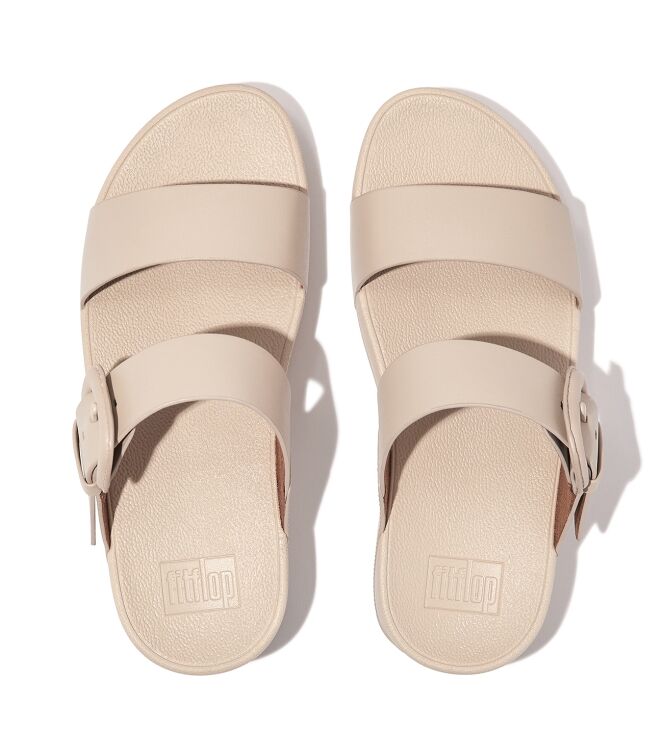 FitFlop lulu covered-buckle raw-edge leather slides stone beige Direct leverbaar uit de webshop van www.meijerink-schoenen.nl/