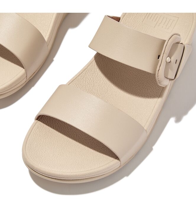 FitFlop lulu covered-buckle raw-edge leather slides stone beige Direct leverbaar uit de webshop van www.meijerink-schoenen.nl/