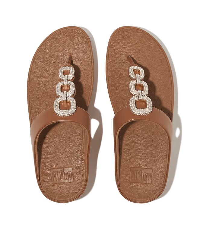 FitFlop fino crystal-chain leather toe-post sandals deep tan Direct leverbaar uit de webshop van www.meijerink-schoenen.nl/