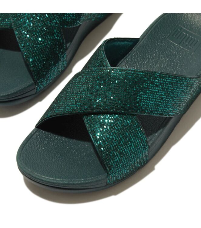 FitFlop lulu cross slide - glitterball metallic deep teal Direct leverbaar uit de webshop van www.meijerink-schoenen.nl/