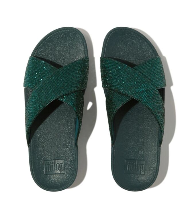 FitFlop lulu cross slide - glitterball metallic deep teal Direct leverbaar uit de webshop van www.meijerink-schoenen.nl/