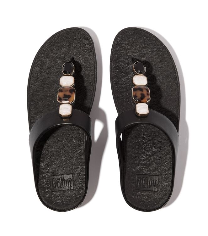 FitFlop fino multi-stone leather toe-post sandals all black Direct leverbaar uit de webshop van www.meijerink-schoenen.nl/