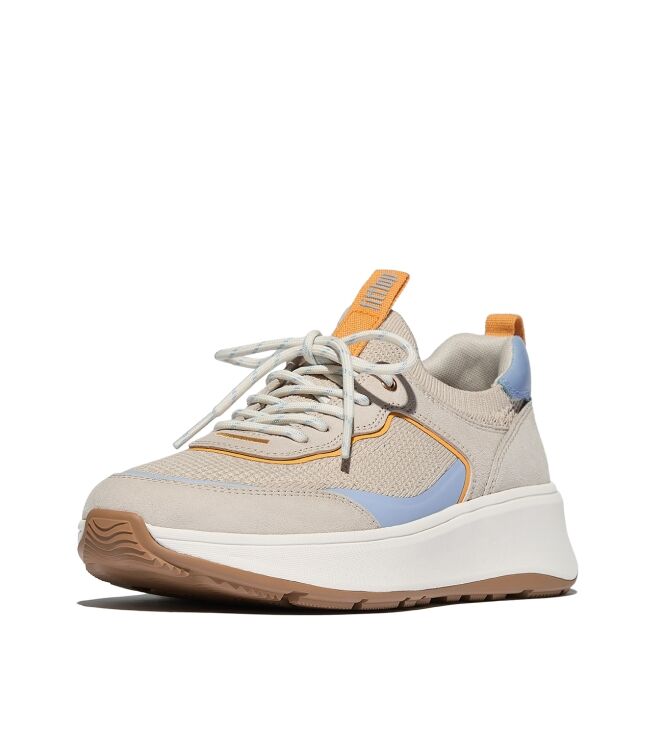 FitFlop f-mode  suede/knit flatform slip-on laced sneakers paris beige/skywash blue Direct leverbaar uit de webshop van www.meijerink-schoenen.nl/