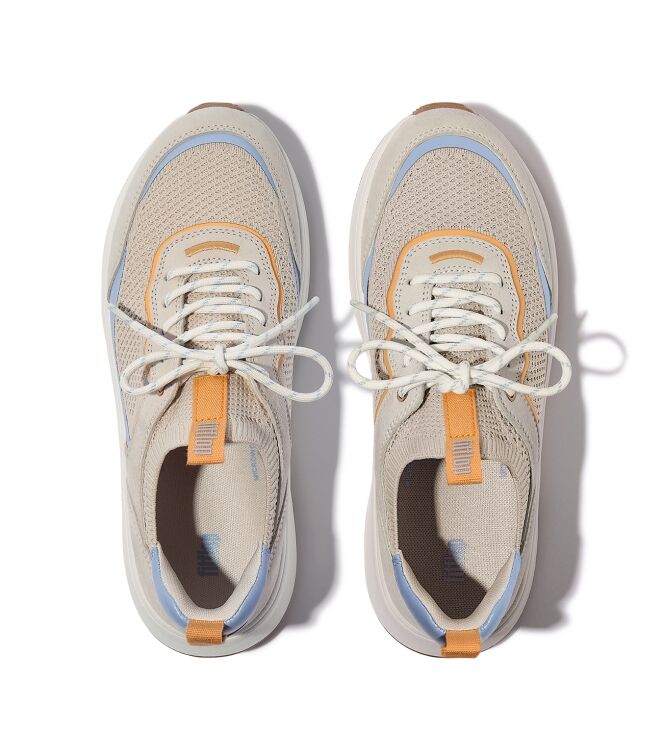 FitFlop f-mode  suede/knit flatform slip-on laced sneakers paris beige/skywash blue Direct leverbaar uit de webshop van www.meijerink-schoenen.nl/