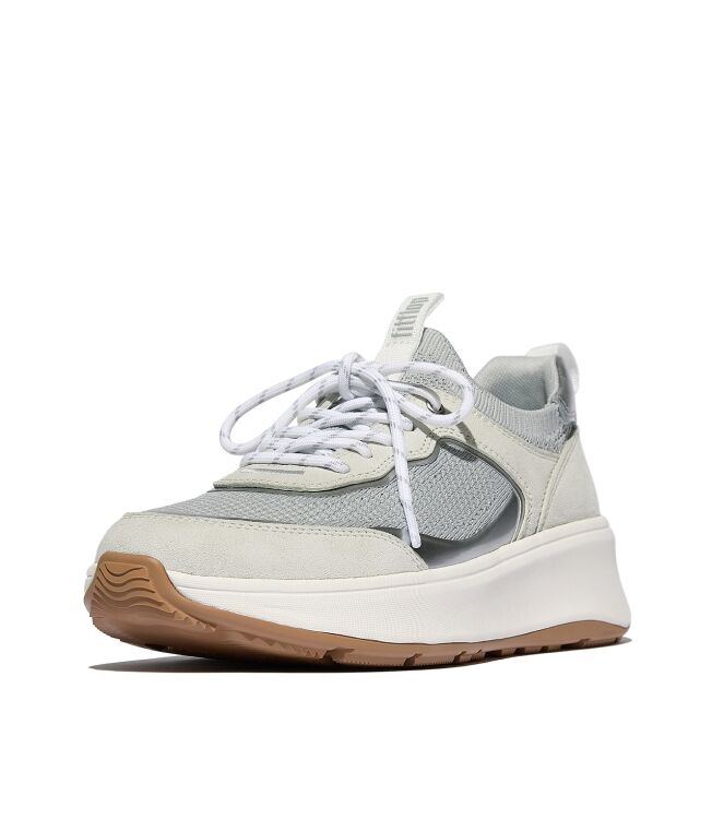 FitFlop f-mode  suede/knit flatform slip-on laced sneakers urban white/french grey Direct leverbaar uit de webshop van www.meijerink-schoenen.nl/