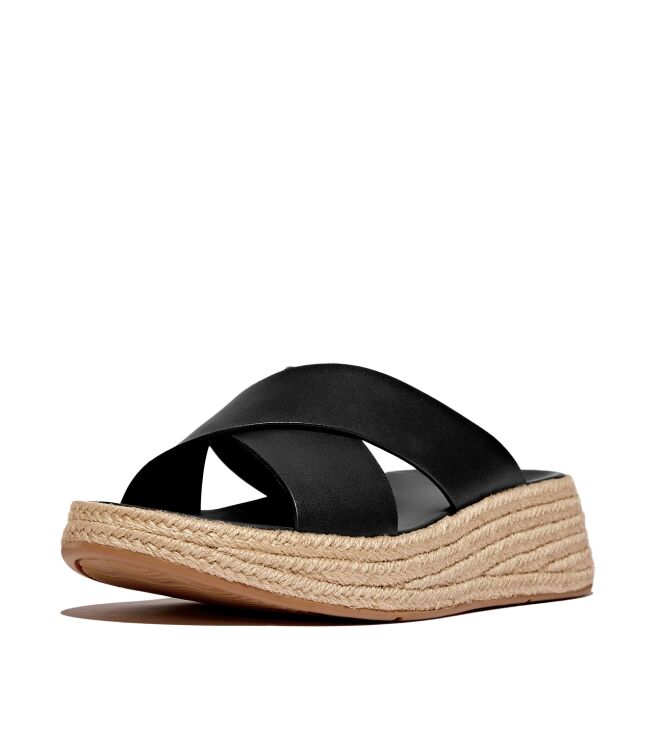 FitFlop f-mode espadrille leather flatform cross slides black Direct leverbaar uit de webshop van www.meijerink-schoenen.nl/