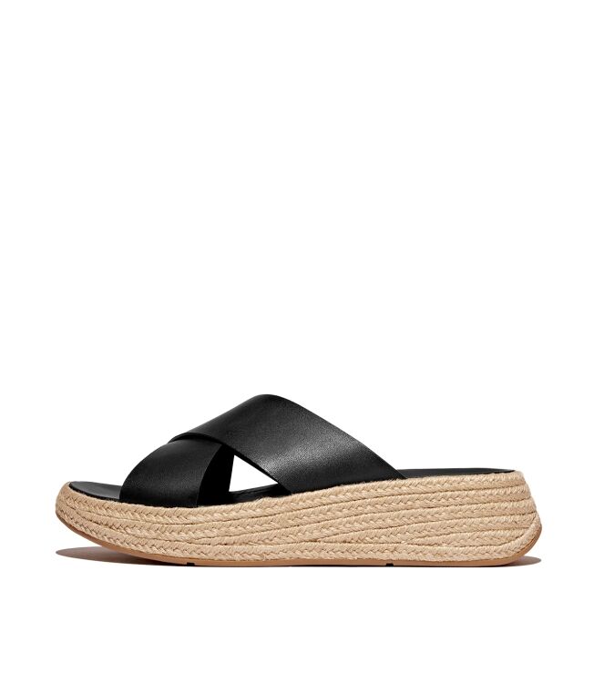 FitFlop f-mode espadrille leather flatform cross slides black Direct leverbaar uit de webshop van www.meijerink-schoenen.nl/