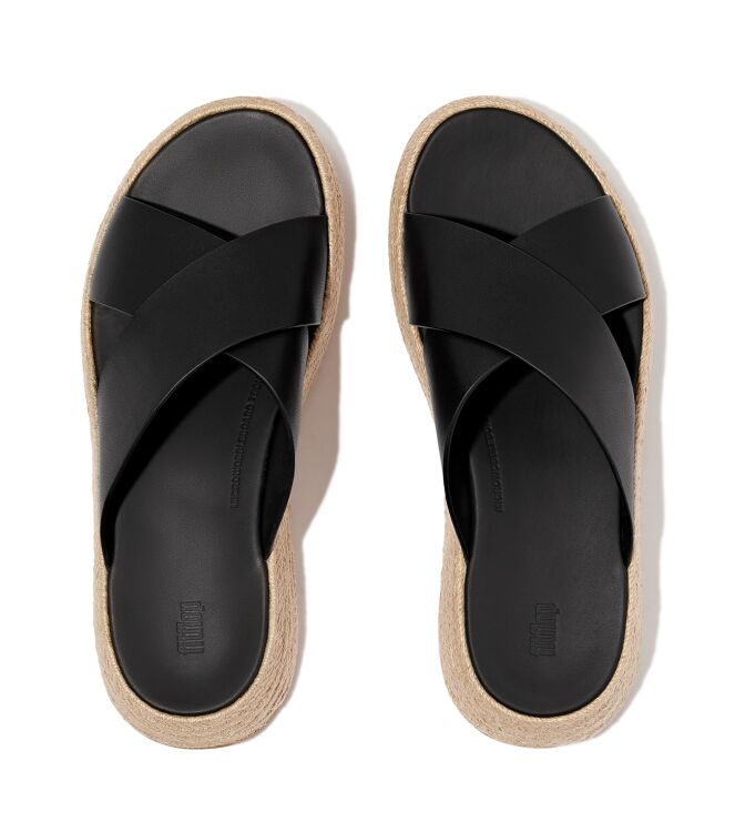 FitFlop f-mode espadrille leather flatform cross slides black Direct leverbaar uit de webshop van www.meijerink-schoenen.nl/