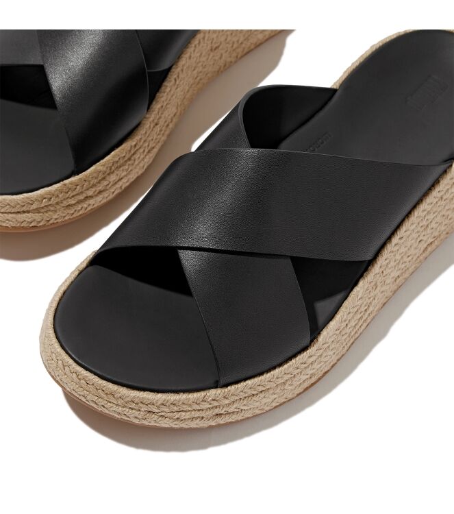FitFlop f-mode espadrille leather flatform cross slides black Direct leverbaar uit de webshop van www.meijerink-schoenen.nl/