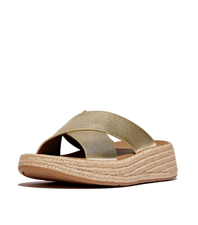 FitFlop f-mode espadrille leather flatform cross slides platino Direct leverbaar uit de webshop van www.meijerink-schoenen.nl/