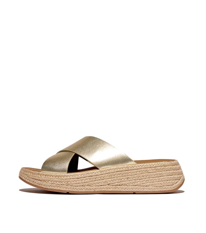 FitFlop f-mode espadrille leather flatform cross slides platino Direct leverbaar uit de webshop van www.meijerink-schoenen.nl/