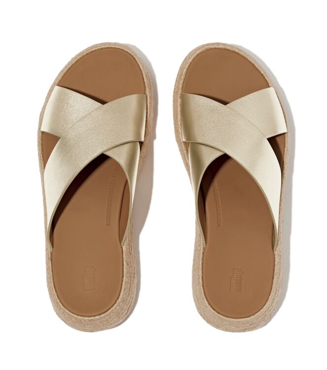 FitFlop f-mode espadrille leather flatform cross slides platino Direct leverbaar uit de webshop van www.meijerink-schoenen.nl/