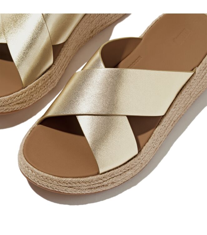 FitFlop f-mode espadrille leather flatform cross slides platino Direct leverbaar uit de webshop van www.meijerink-schoenen.nl/