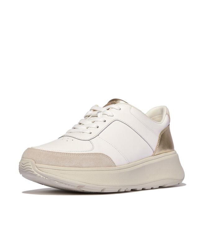 FitFlop f-mode leather/suede/metallic flatform sneakers urban white/platino Direct leverbaar uit de webshop van www.meijerink-schoenen.nl/