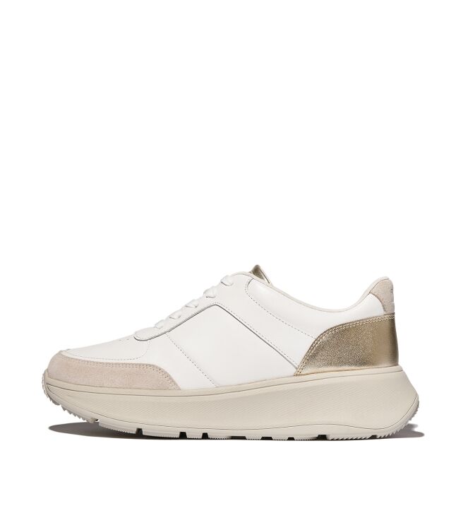 FitFlop f-mode leather/suede/metallic flatform sneakers urban white/platino Direct leverbaar uit de webshop van www.meijerink-schoenen.nl/