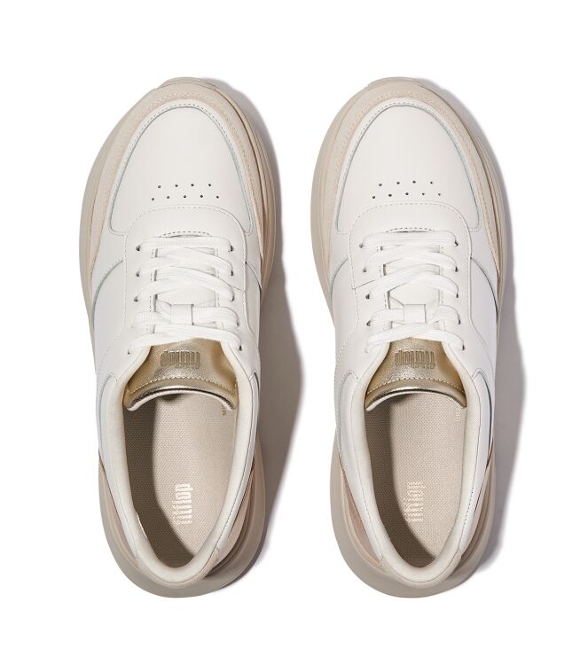 FitFlop f-mode leather/suede/metallic flatform sneakers urban white/platino Direct leverbaar uit de webshop van www.meijerink-schoenen.nl/