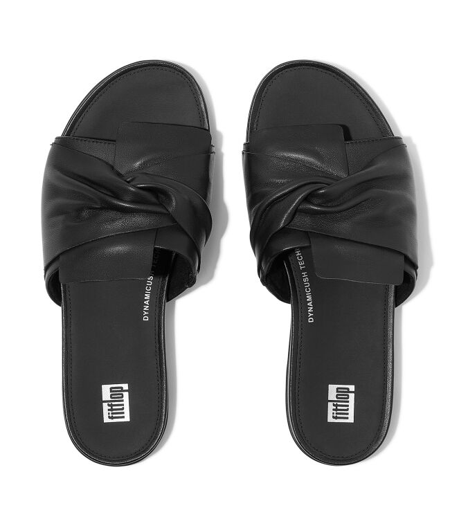 FitFlop gracie soft-twist leather slides all black Direct leverbaar uit de webshop van www.meijerink-schoenen.nl/