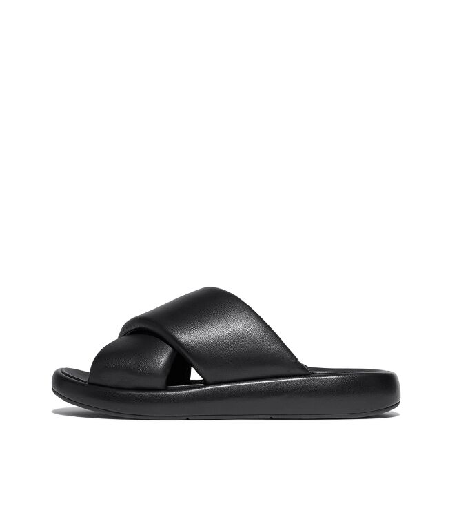 FitFlop iqushion d-luxe padded leather cross slides all black Direct leverbaar uit de webshop van www.meijerink-schoenen.nl/