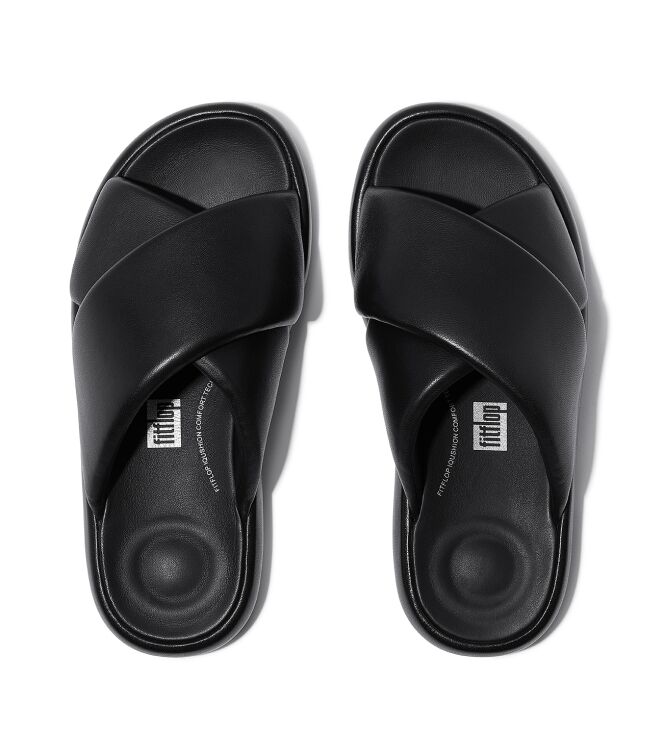 FitFlop iqushion d-luxe padded leather cross slides all black Direct leverbaar uit de webshop van www.meijerink-schoenen.nl/