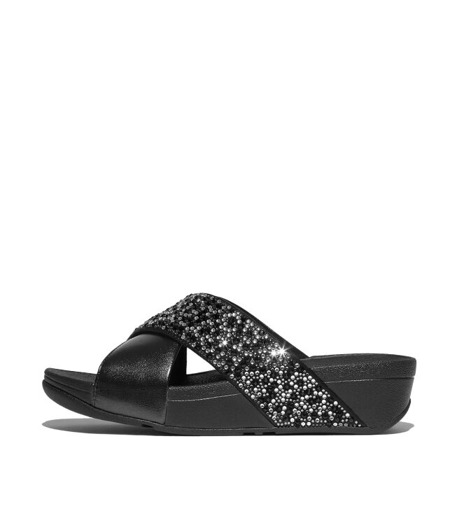 FitFlop lulu crystal-mix  metallic cross slides all black Direct leverbaar uit de webshop van www.meijerink-schoenen.nl/