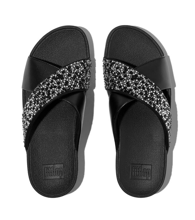 FitFlop lulu crystal-mix  metallic cross slides all black Direct leverbaar uit de webshop van www.meijerink-schoenen.nl/