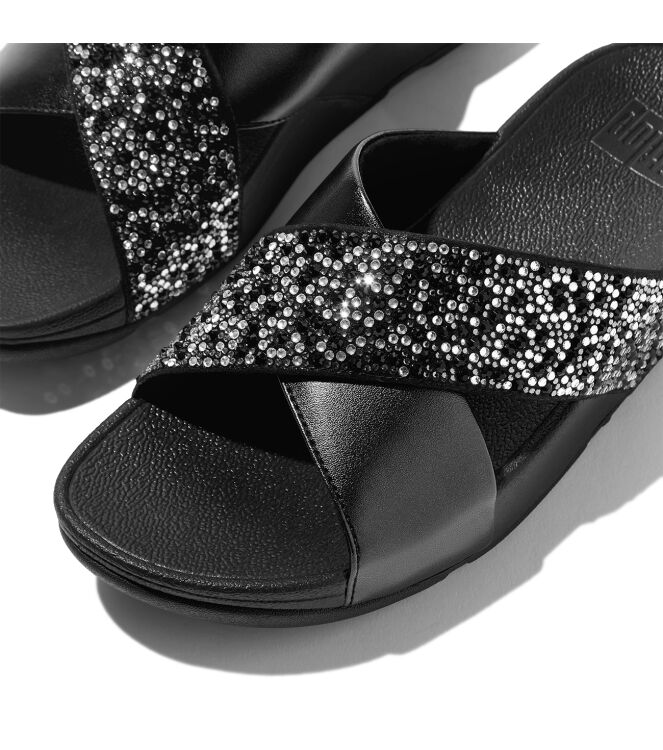 FitFlop lulu crystal-mix  metallic cross slides all black Direct leverbaar uit de webshop van www.meijerink-schoenen.nl/