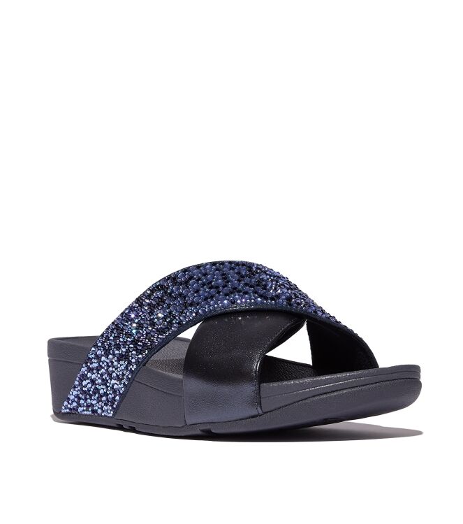 FitFlop lulu crystal-mix  metallic cross slides midnight navy Direct leverbaar uit de webshop van www.meijerink-schoenen.nl/