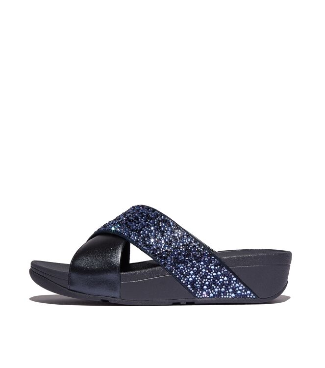 FitFlop lulu crystal-mix  metallic cross slides midnight navy Direct leverbaar uit de webshop van www.meijerink-schoenen.nl/