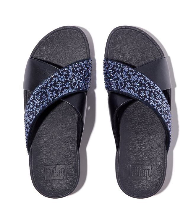 FitFlop lulu crystal-mix  metallic cross slides midnight navy Direct leverbaar uit de webshop van www.meijerink-schoenen.nl/