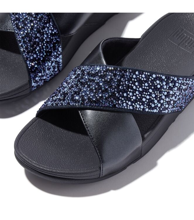 FitFlop lulu crystal-mix  metallic cross slides midnight navy Direct leverbaar uit de webshop van www.meijerink-schoenen.nl/