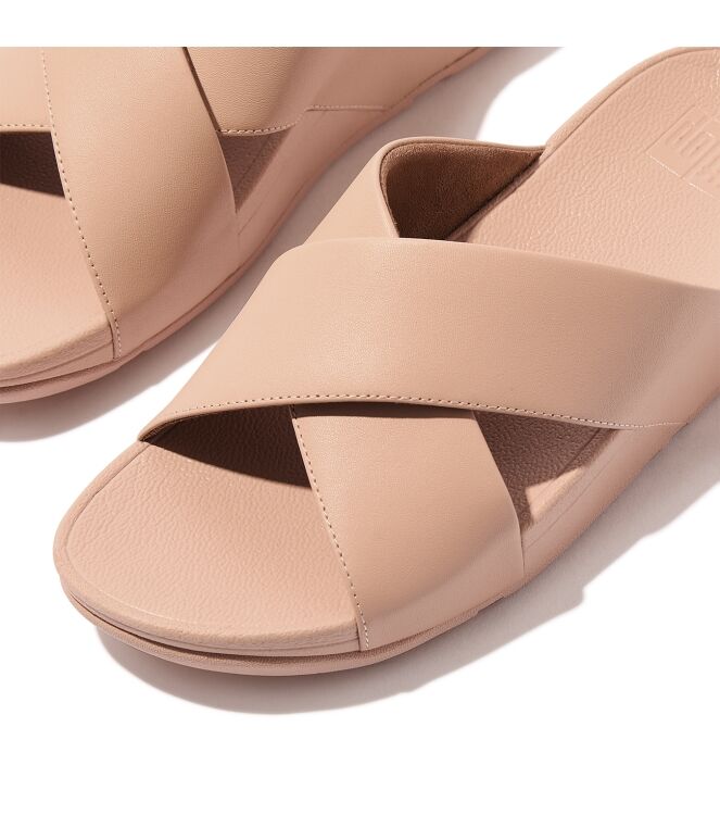FitFlop lulu cross slide sandals leather sandy beige Direct leverbaar uit de webshop van www.meijerink-schoenen.nl/