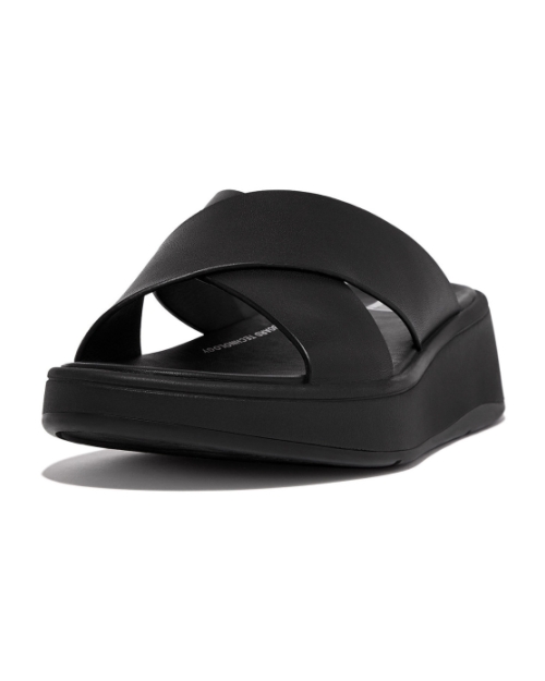 F-Mode Leather Cross Slides all black