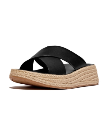 FitFlop F-Mode Espadrille Leather Flatform Cross Slides black