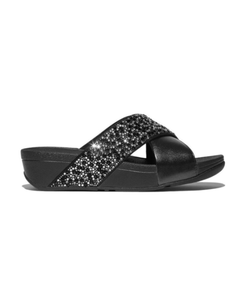Lulu Crystal-Mix Metallic Cross Slides all black