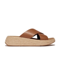 F-Mode Espadrille Leather Flatform Cross Slides deep tan