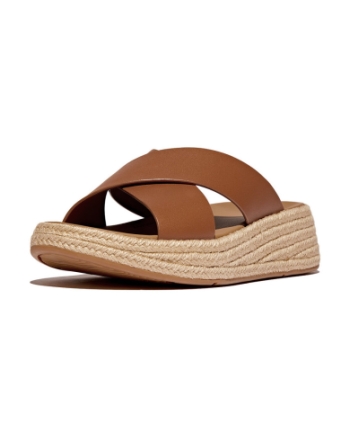 FitFlop F-Mode Espadrille Leather Flatform Cross Slides deep tan