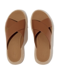 F-Mode Espadrille Leather Flatform Cross Slides deep tan