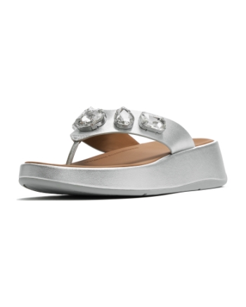 FitFlop F-Mode Ultra-Jewel Leather Toe-Post Sandals Silver