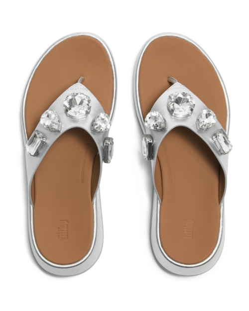 F-Mode Ultra-Jewel Leather Toe-Post Sandals Silver