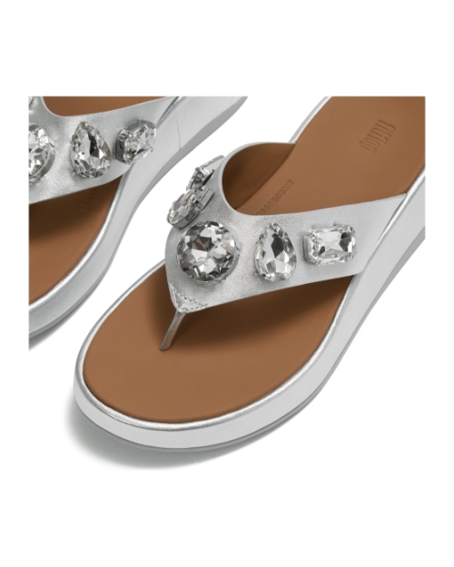 F-Mode Ultra-Jewel Leather Toe-Post Sandals Silver